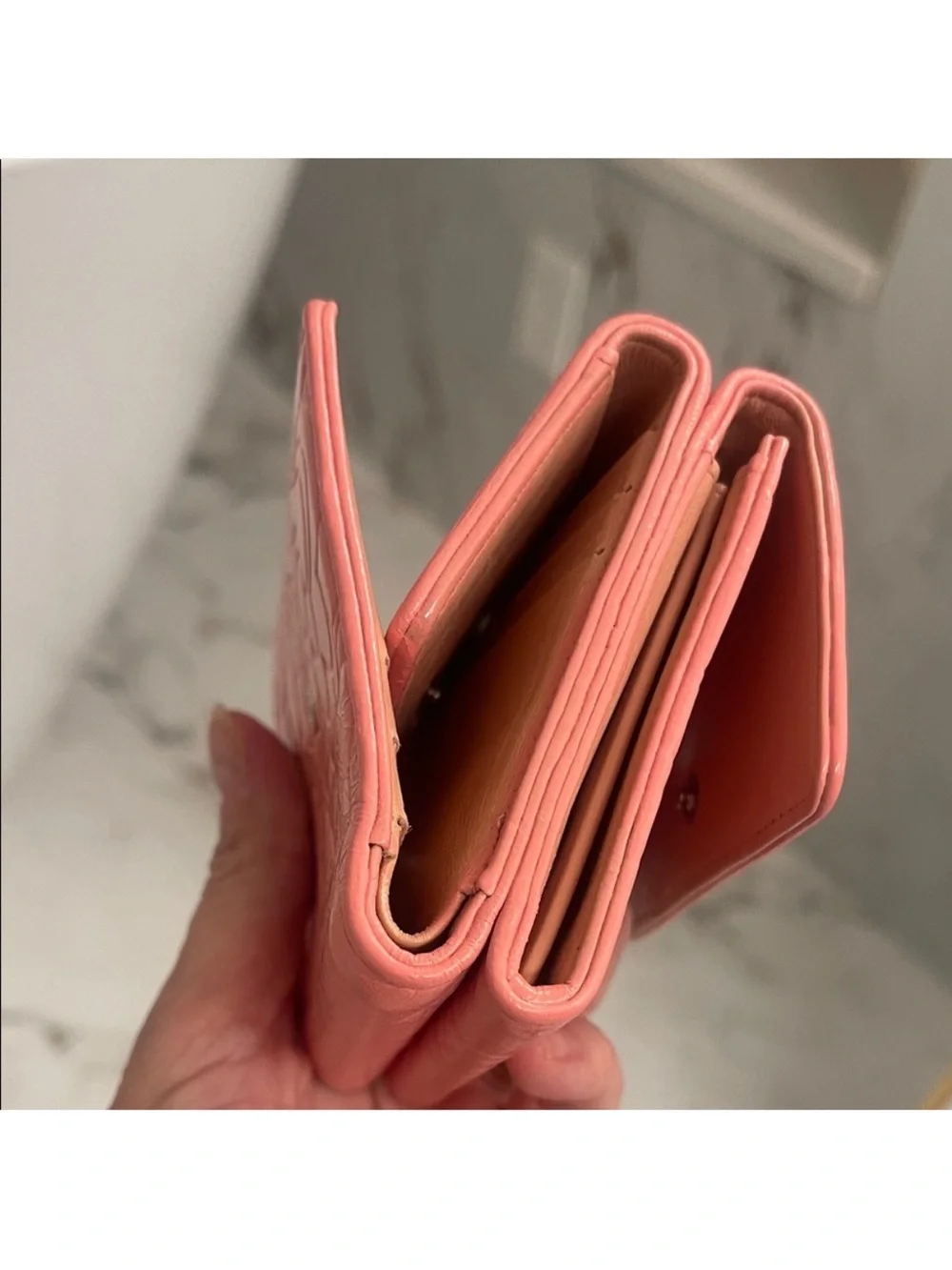 CHANEL Pink Camellia Embossed Mini bi fold Wallet with Silver CC